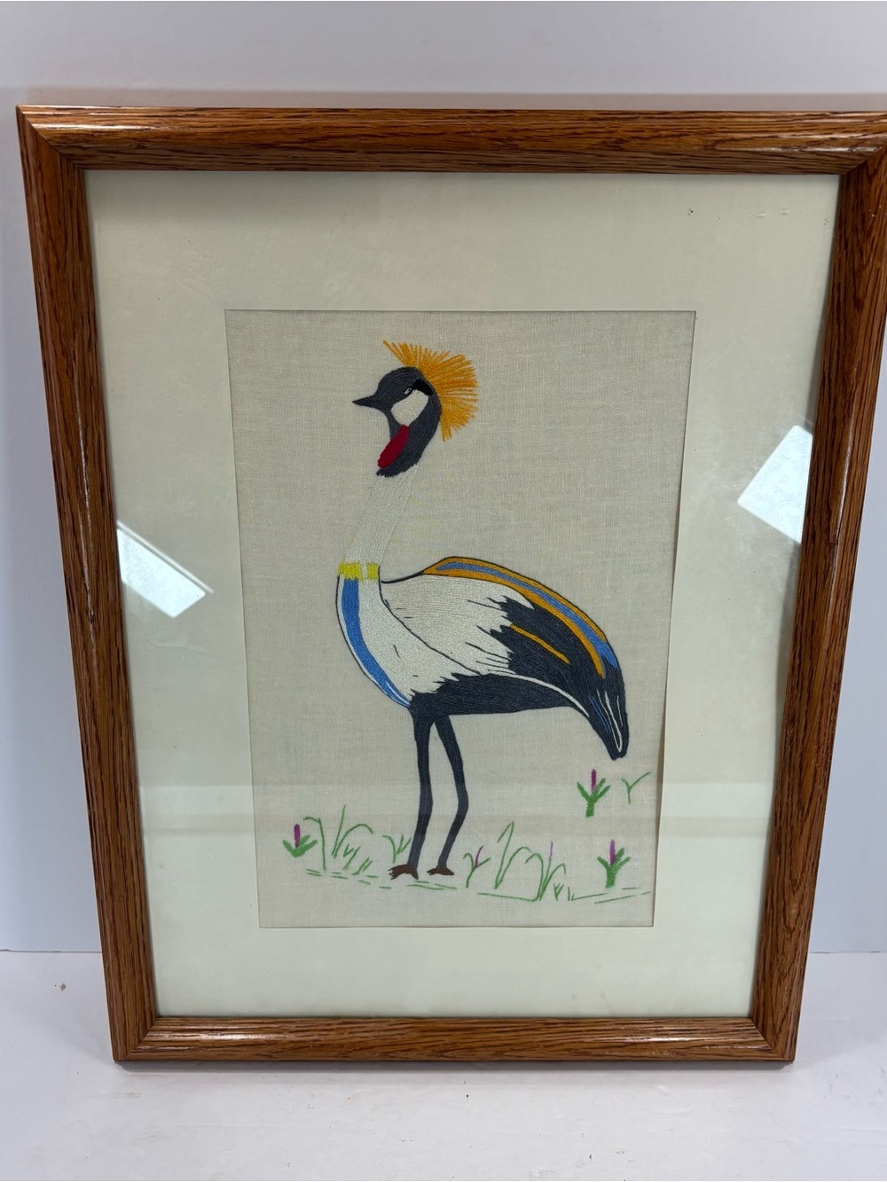Framed Embroidered African Crowned Crane Bird Silk Thread Needlepoint 18x13” Vtg